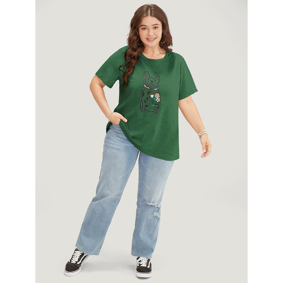 Plus Size Cartoon Dog & Floral Print Short Sleeve T-shirt ArmyGreen Women Casual Plain Natural Flowers Dailywear T-shirts BloomChic 12/L Product Image