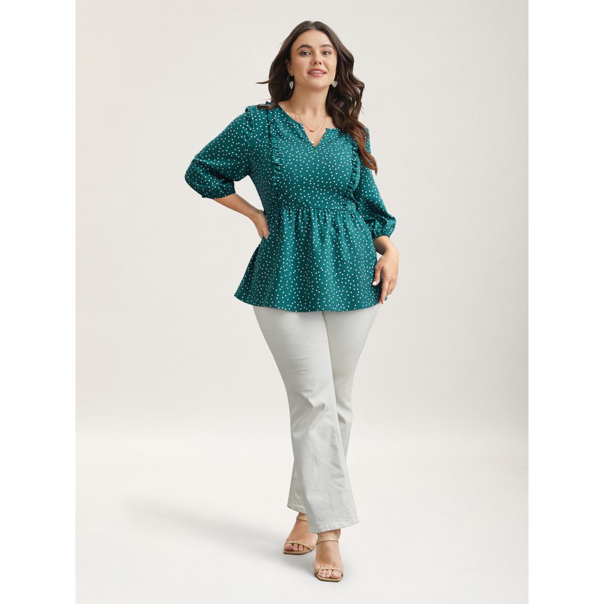Plus Size Teal Polka Dots Ruffled Edged Stretchy-Waist Shirt Women Elegant Elbow-length sleeve Notched collar Everyday Blouses BloomChic 12/L Product Image