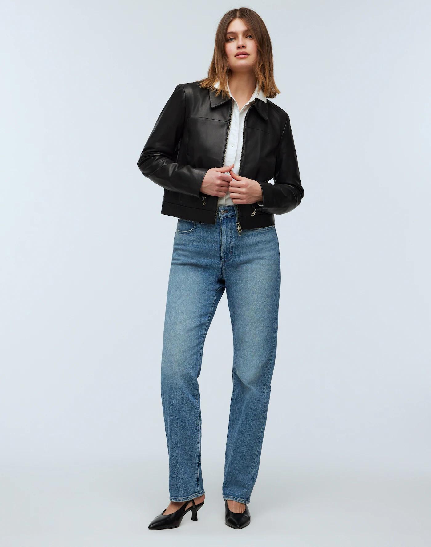 Shrunken Zip-Front Jacket in Leather Product Image
