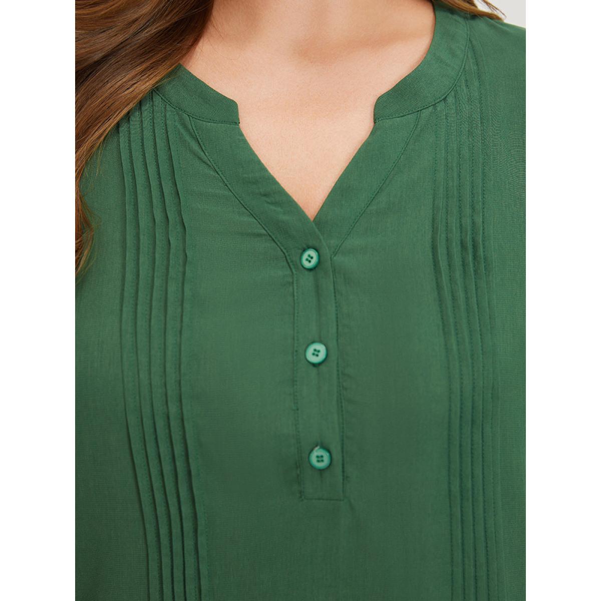 Plus Size ArmyGreen Solid Cuffed Sleeve Pleated Notched Blouse Women Elegant Short sleeve Notched collar Dailywear Blouses BloomChic 14-16/1X Product Image