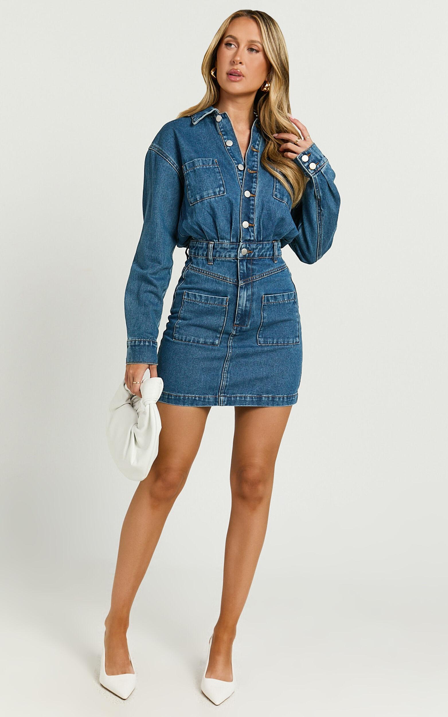 Kamala Mini Dress - Long Sleeve Button Through Denim Dress in Dark Blue Wash Product Image