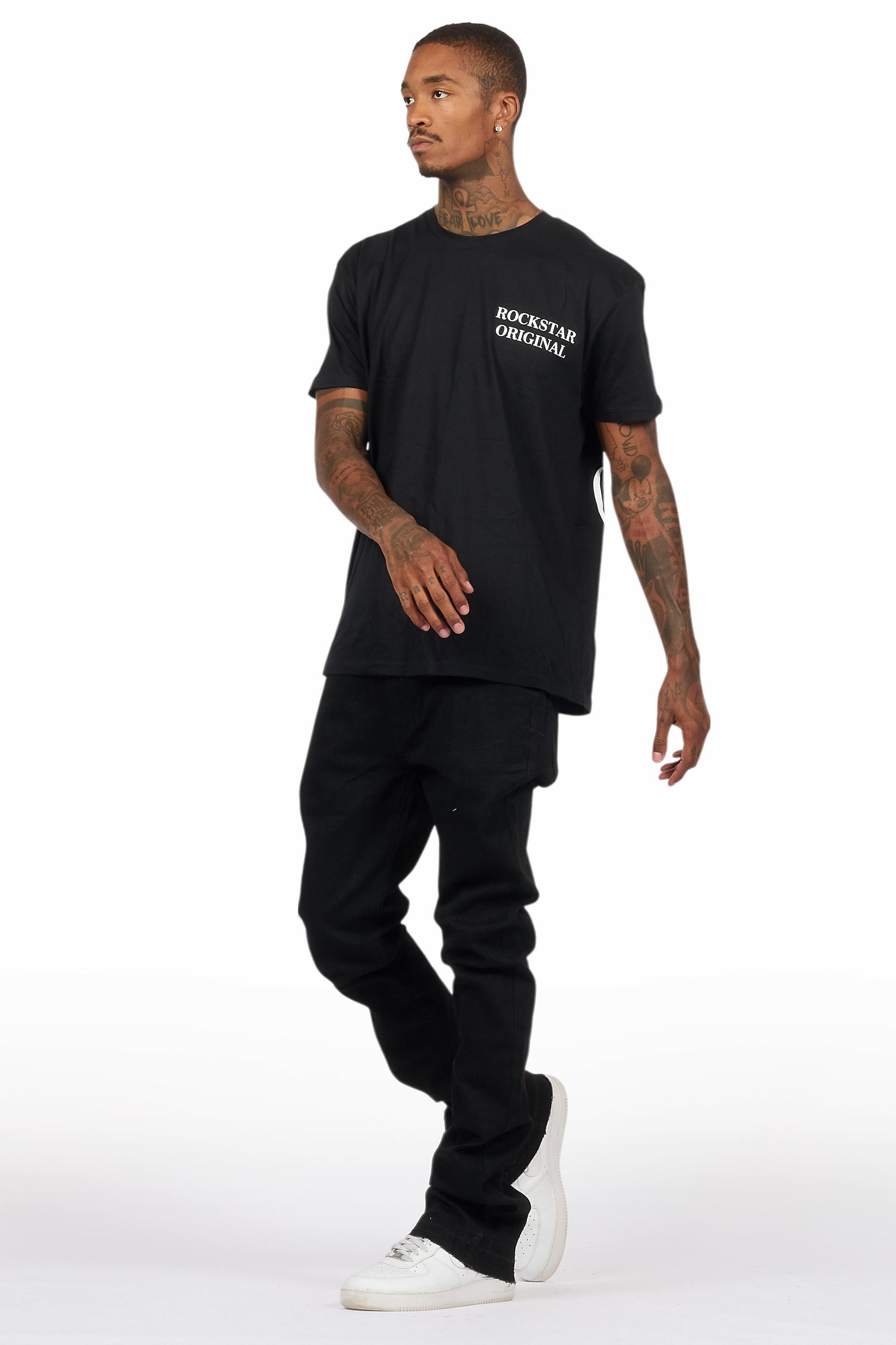 Drako Black/White Oversized Graphic T-Shirt/Dag Stacked Flare Jean Set Male Product Image