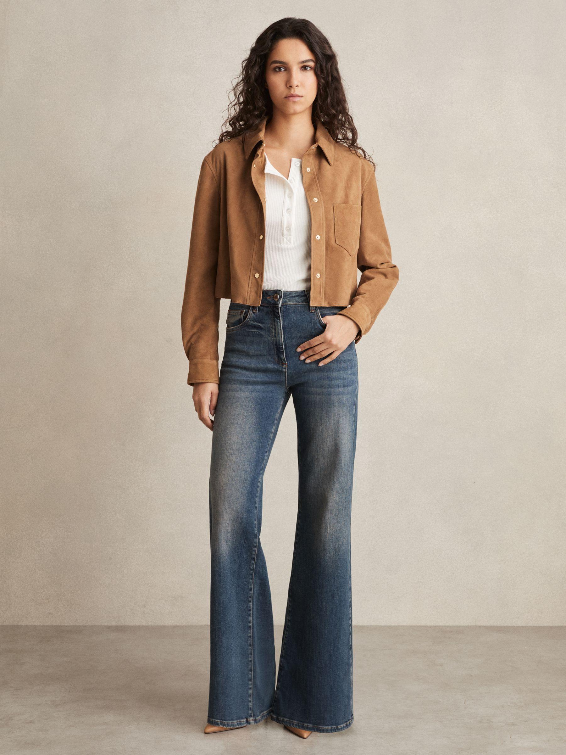 Suede Press-Stud Cropped Shirt in Tan Product Image