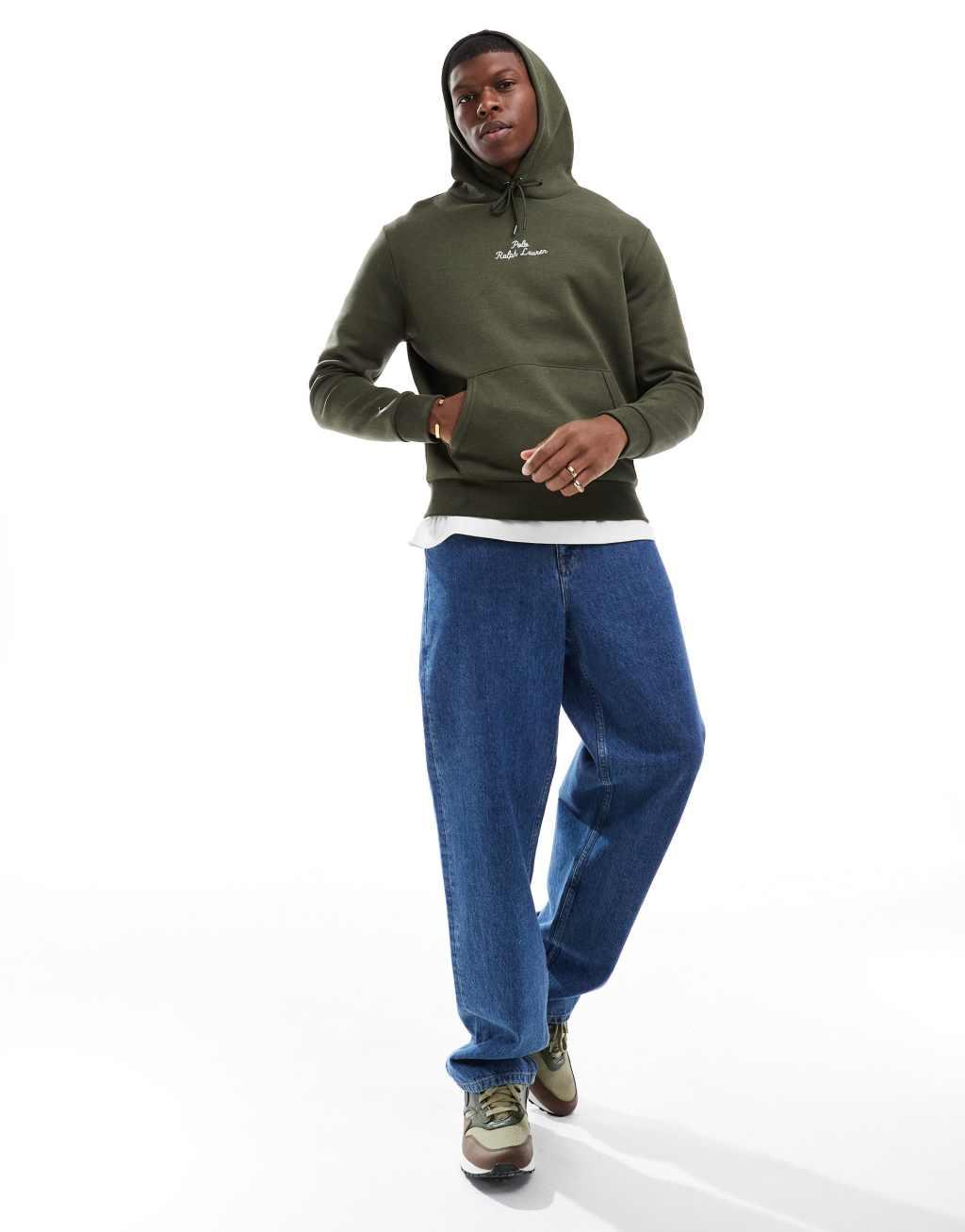 Polo Ralph Lauren central script logo double knit hoodie in heathered dark green Product Image