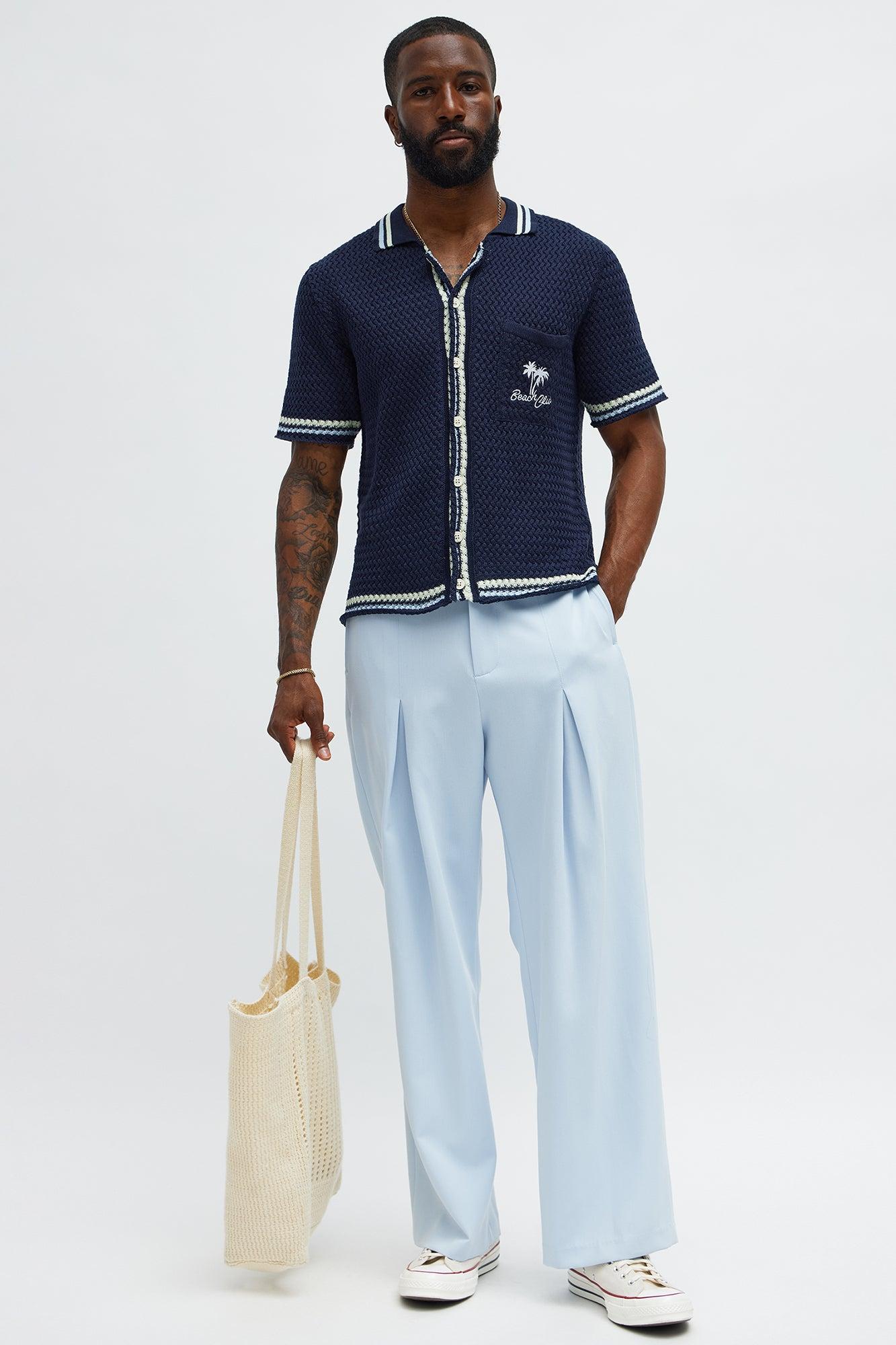 Vacay Crochet Button Up Shirt - Navy Product Image