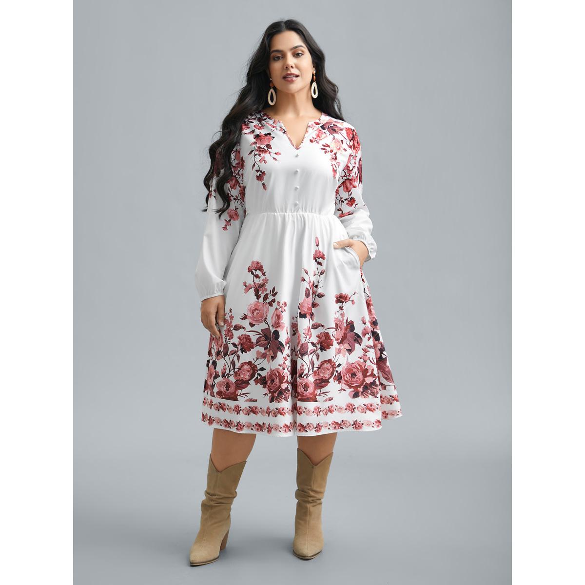 Plus Size Boho Print Lantern Sleeve Button Detail Dress Rosered Women Resort Button Flat collar with V-notch Long Sleeve Curvy BloomChic 10/M Product Image