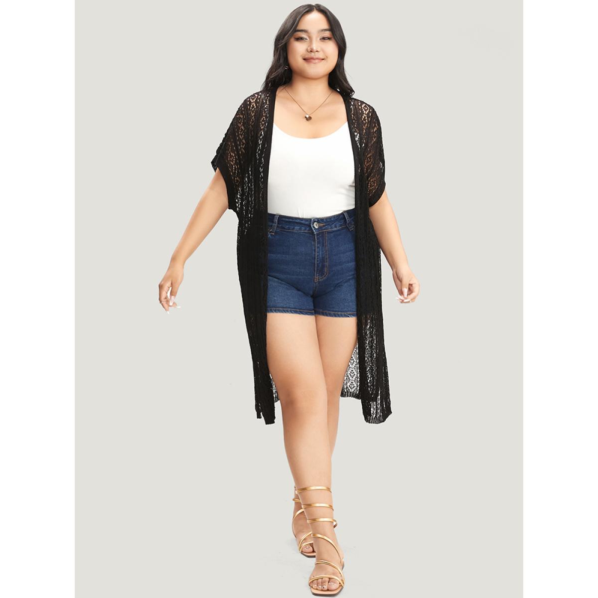 Plus Size Plain Split Hem Eyelet Open Front Cardigan Black Women Elegant Short sleeve Dailywear Cardigans BloomChic 30/6X Product Image