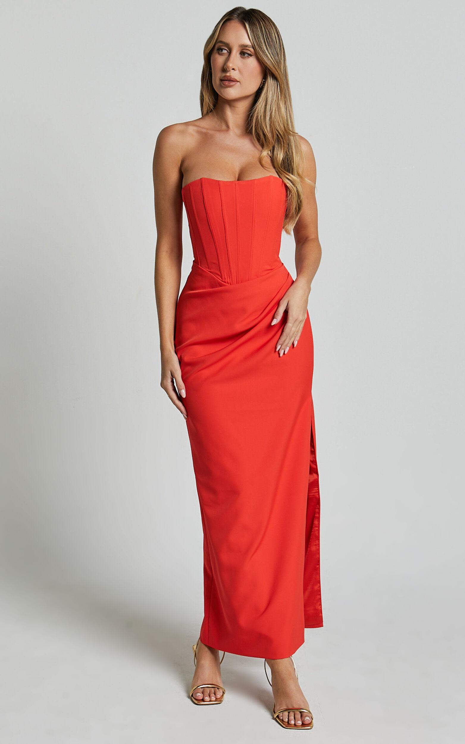 Avery Midi Dress - Strapless Draped Side Split Dress in Orange Product Image