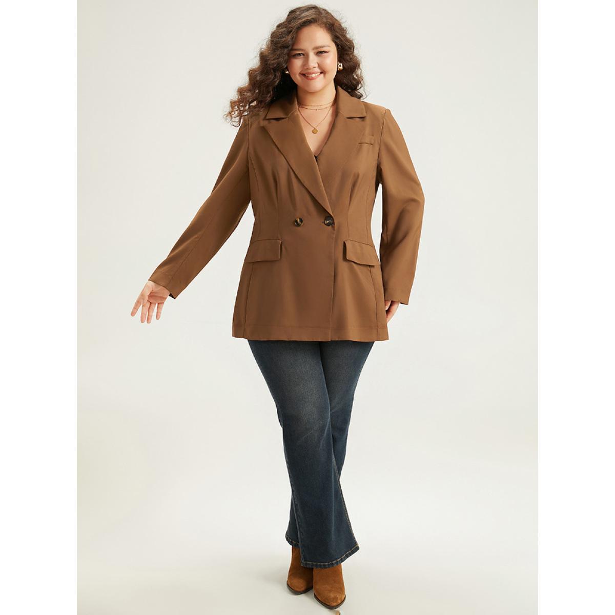 Plus Size Suit Collar Button Up Pocket Blazer DarkBrown Women Dailywear Plain Plain Sleeve Long Sleeve Suit Collar 10/M Pocket Casual Blazers BloomChic Product Image