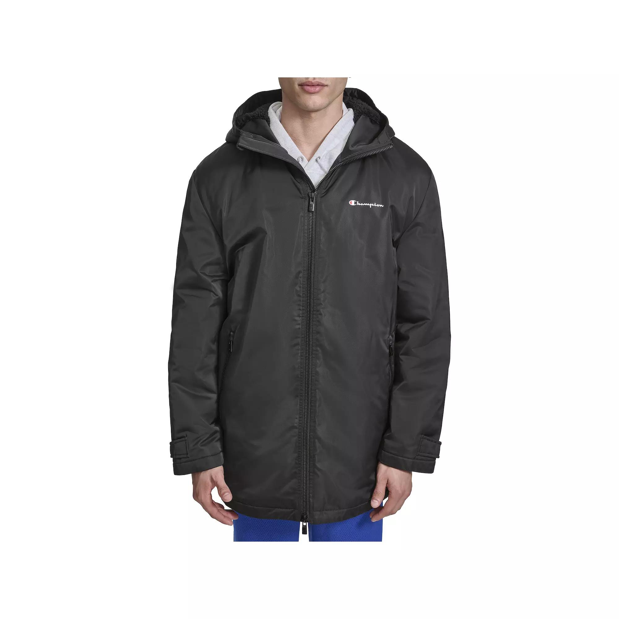 Men's Champion® Sherpa Lined Mid-Length Sideline Jacket With Hood, Size: Medium, Black Product Image