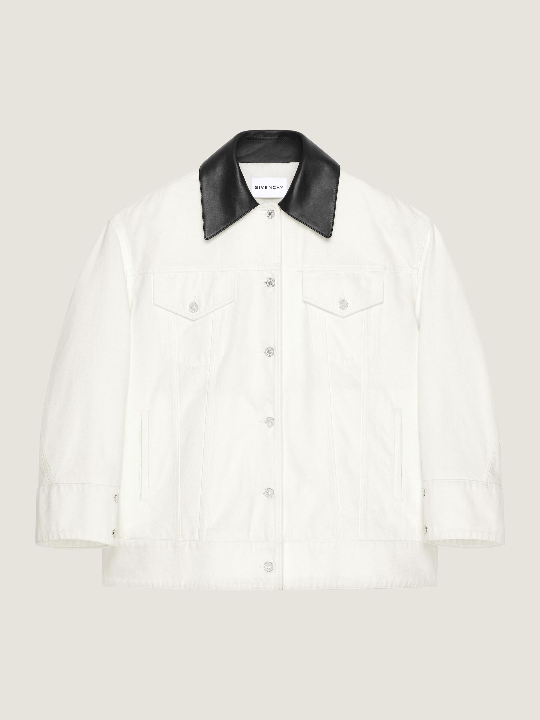 Cocoon jacket in white denim with leather collar Product Image
