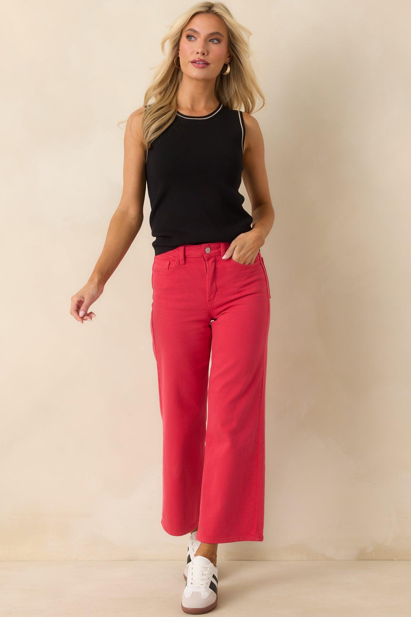 Into The Clouds Red Cropped Wide Leg Jeans Product Image