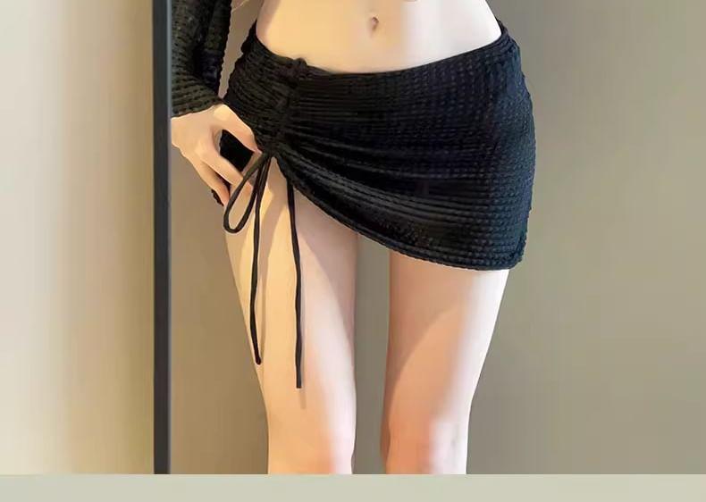 Set: Plain Bikini + Long-Sleeve V-Neck Criss Cross Top + Drawstring Cover Up Skirt Product Image