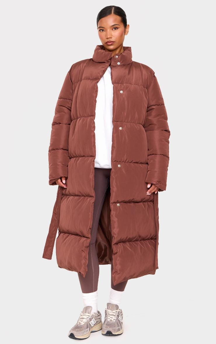 Mocha Quilted Longline Tie Waist Puffer Coat Product Image