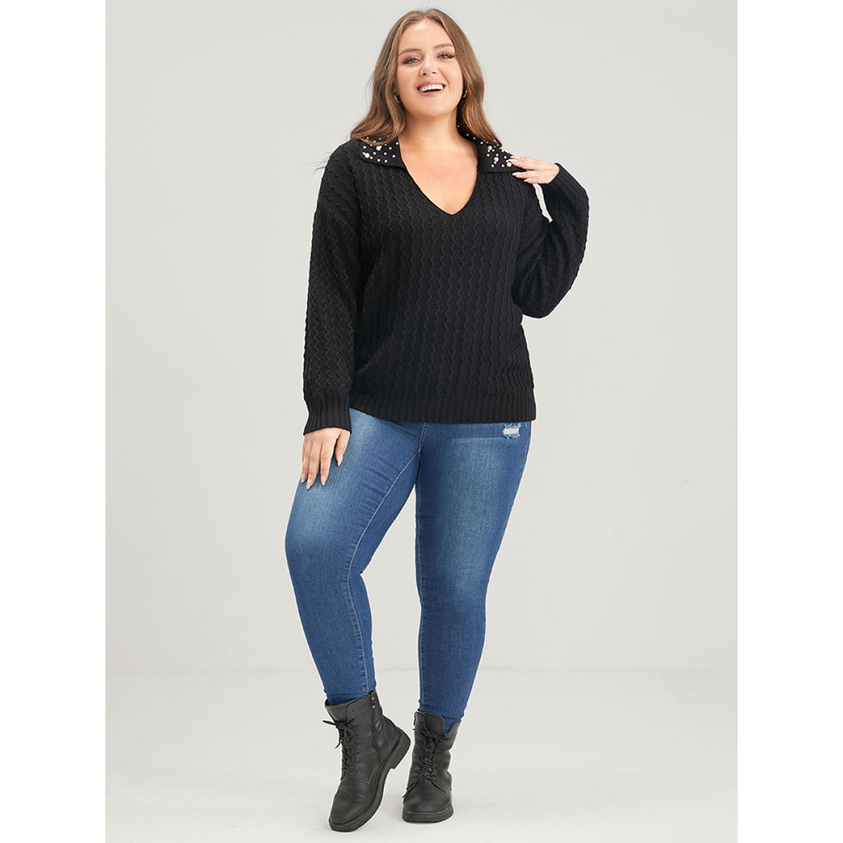 Plus Size Solid Pointelle Knit Pearls Beaded Collar Neck Knit Top Black Women Elegant Long Sleeve Lapel Collar Dailywear Pullovers BloomChic 10/M Product Image