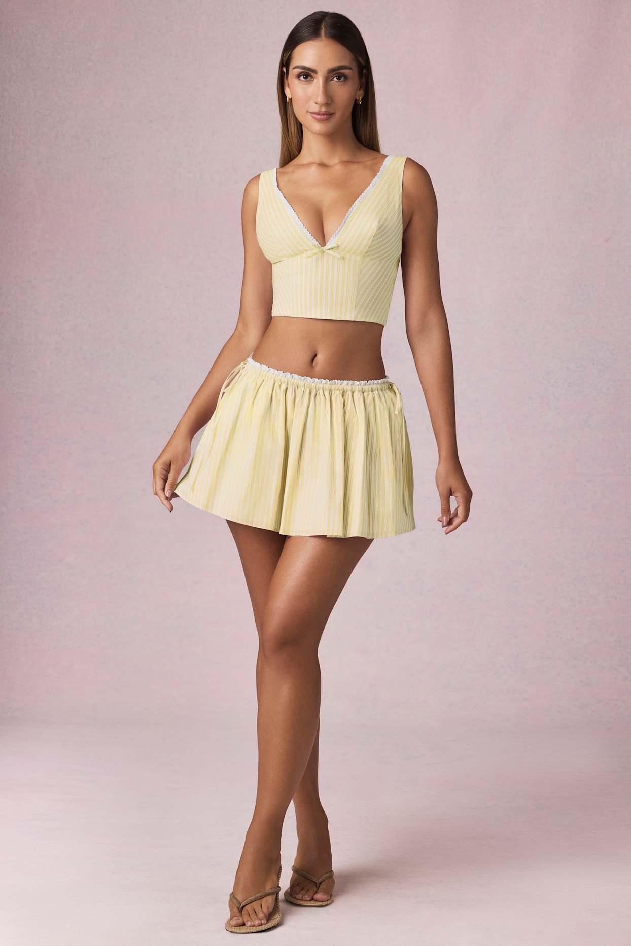 Ruched Drawstring Mini Skirt in Lemon Yellow Stripe Product Image