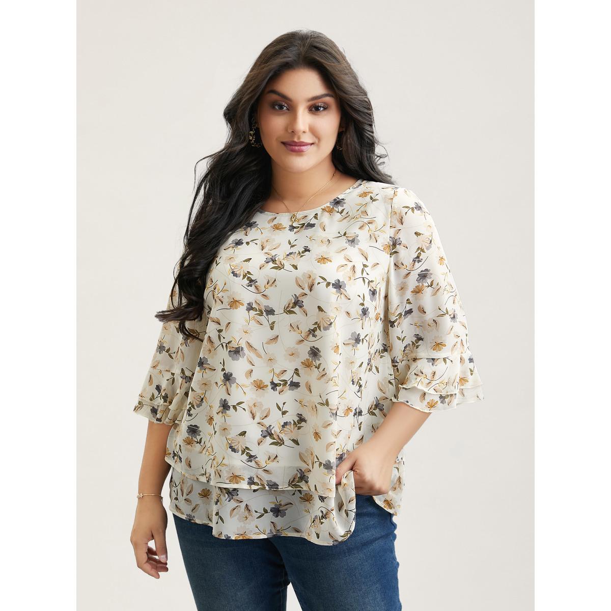 Plus Size Ivory Chiffon Floral Print Layered Blouse Women Timeless Elbow-length sleeve Round Neck Elegant Blouses BloomChic 22-24/3X Product Image