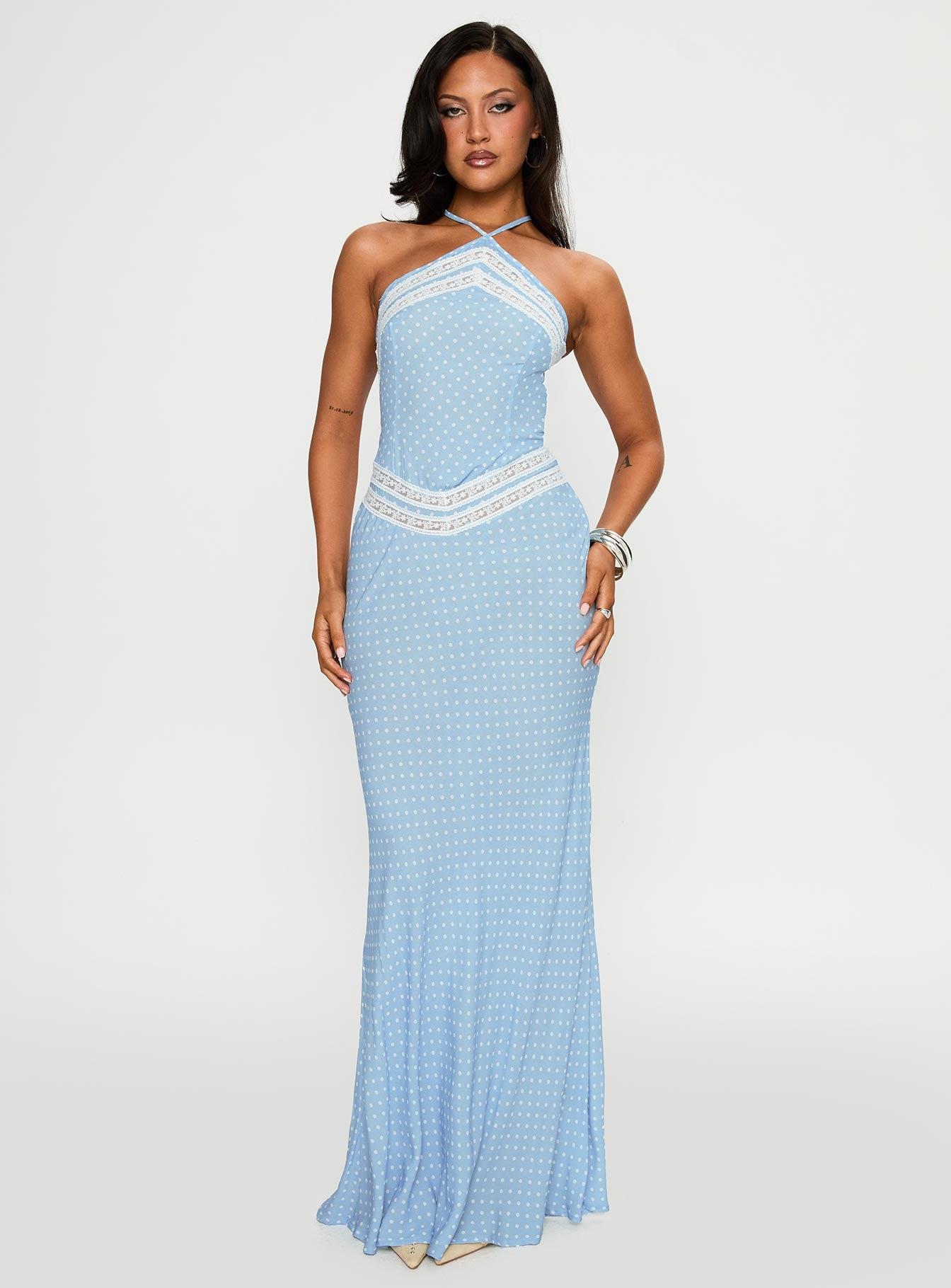 Wild Joy Halter Maxi Dress Blue Polka Product Image