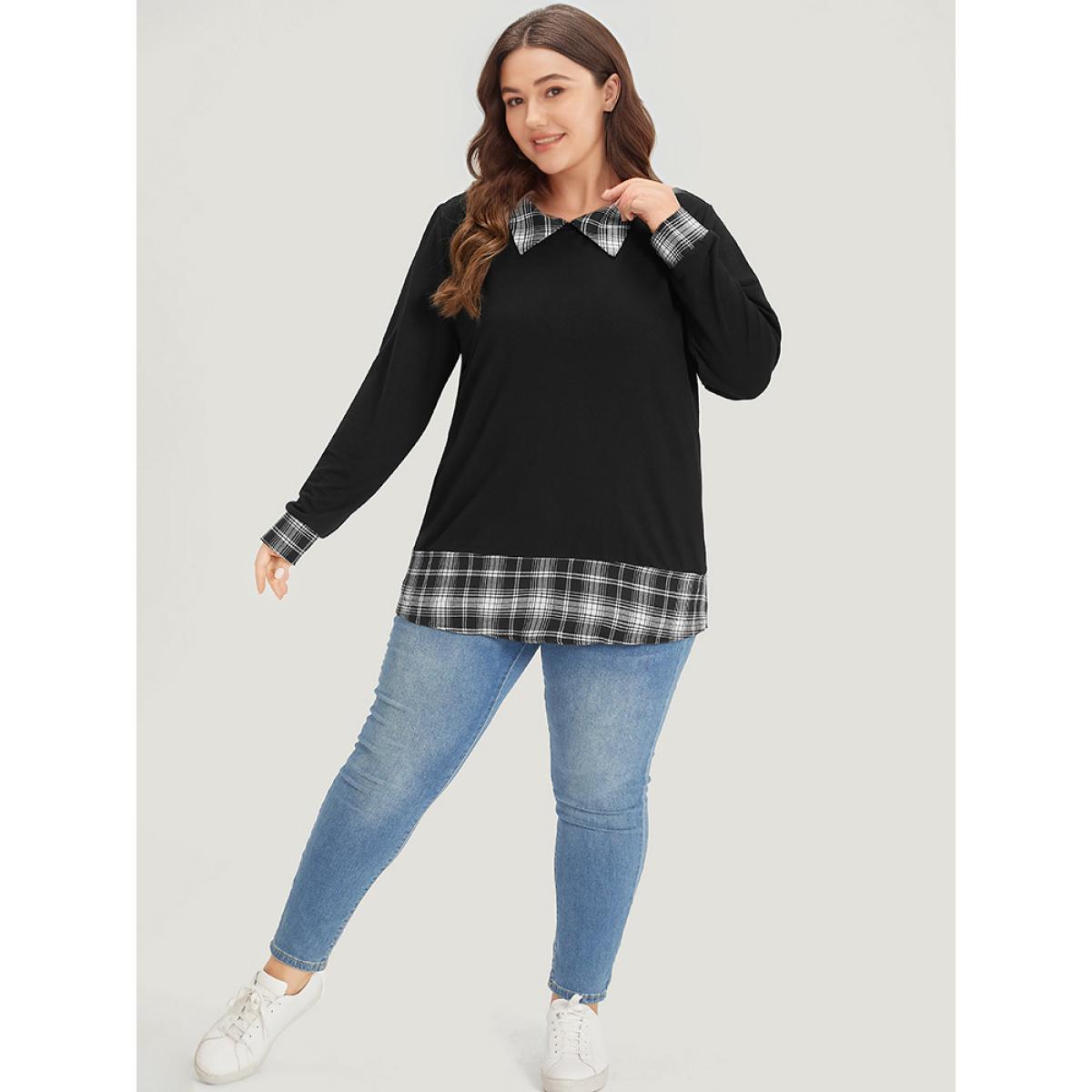 Plus Size Plaid Patchwork Shirt Collar Arc Hem Sweatshirt Women Black Casual Patchwork Polo Dailywear Sweatshirts BloomChic 28/5X Product Image