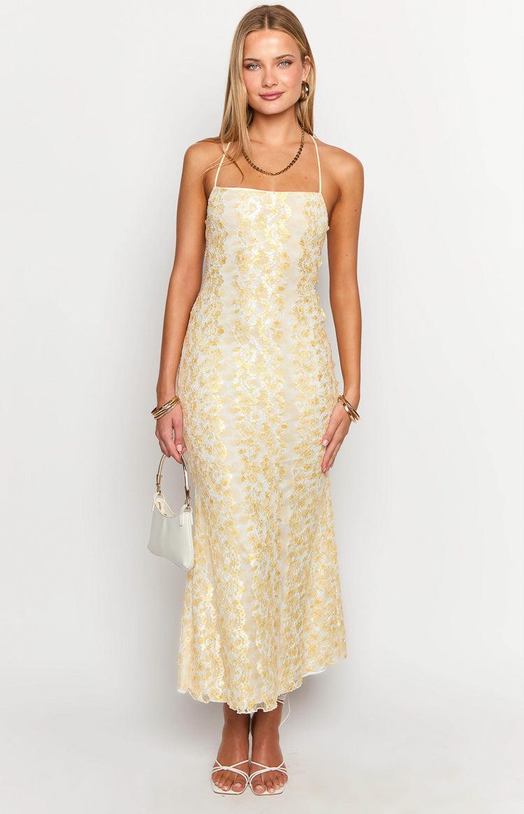 Beside Me Yellow Lace Maxi Dress Product Image