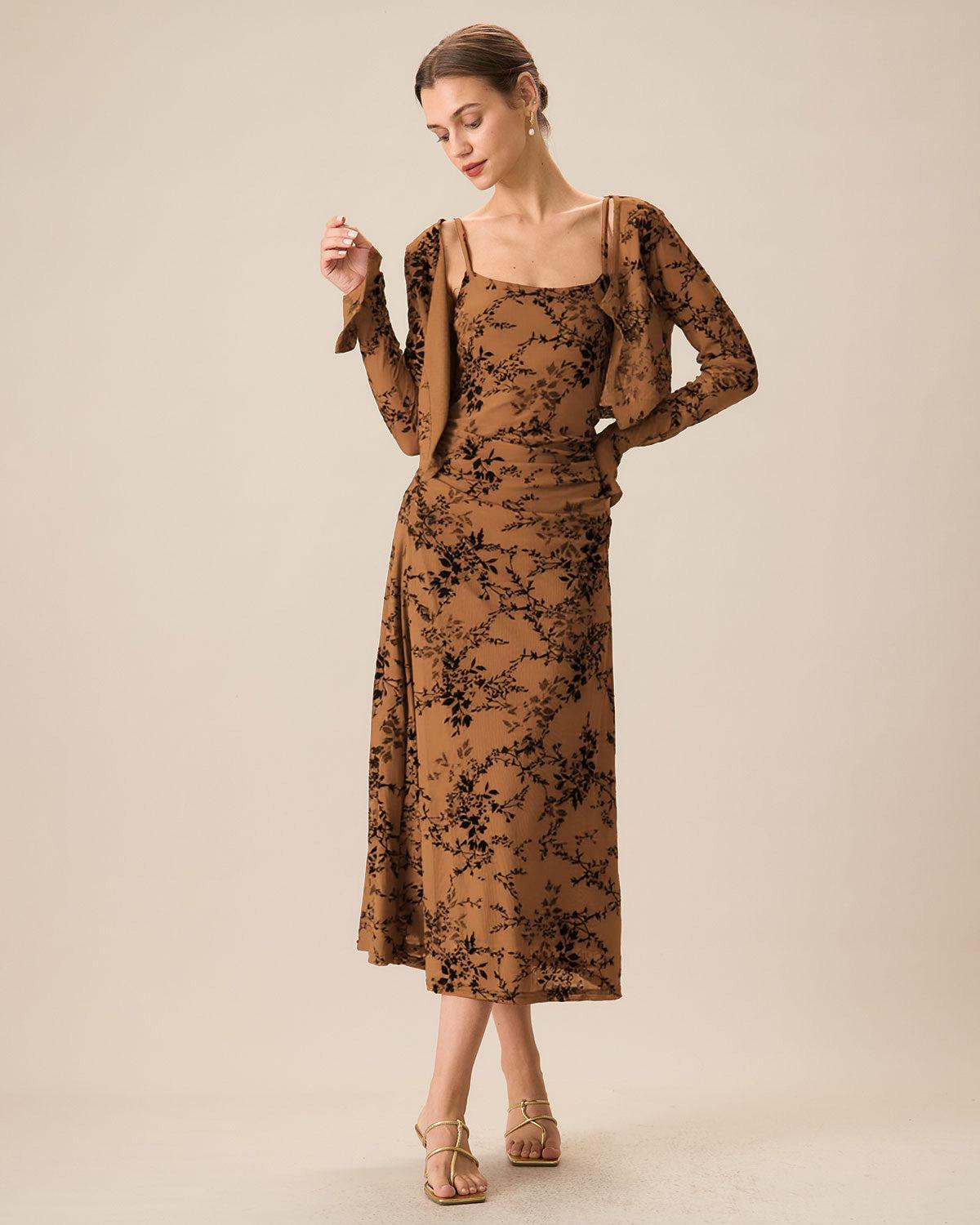 Brown Floral Two-piece Midi Dress Product Image