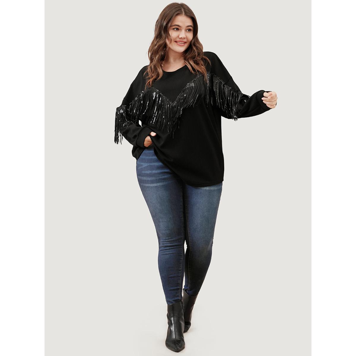 Plus Size Solid Fringe Trim Sequin Drop Shoulder Sweatshirt Women Black Party Patchwork Round Neck Going out Sweatshirts BloomChic 14-16/1X Product Image