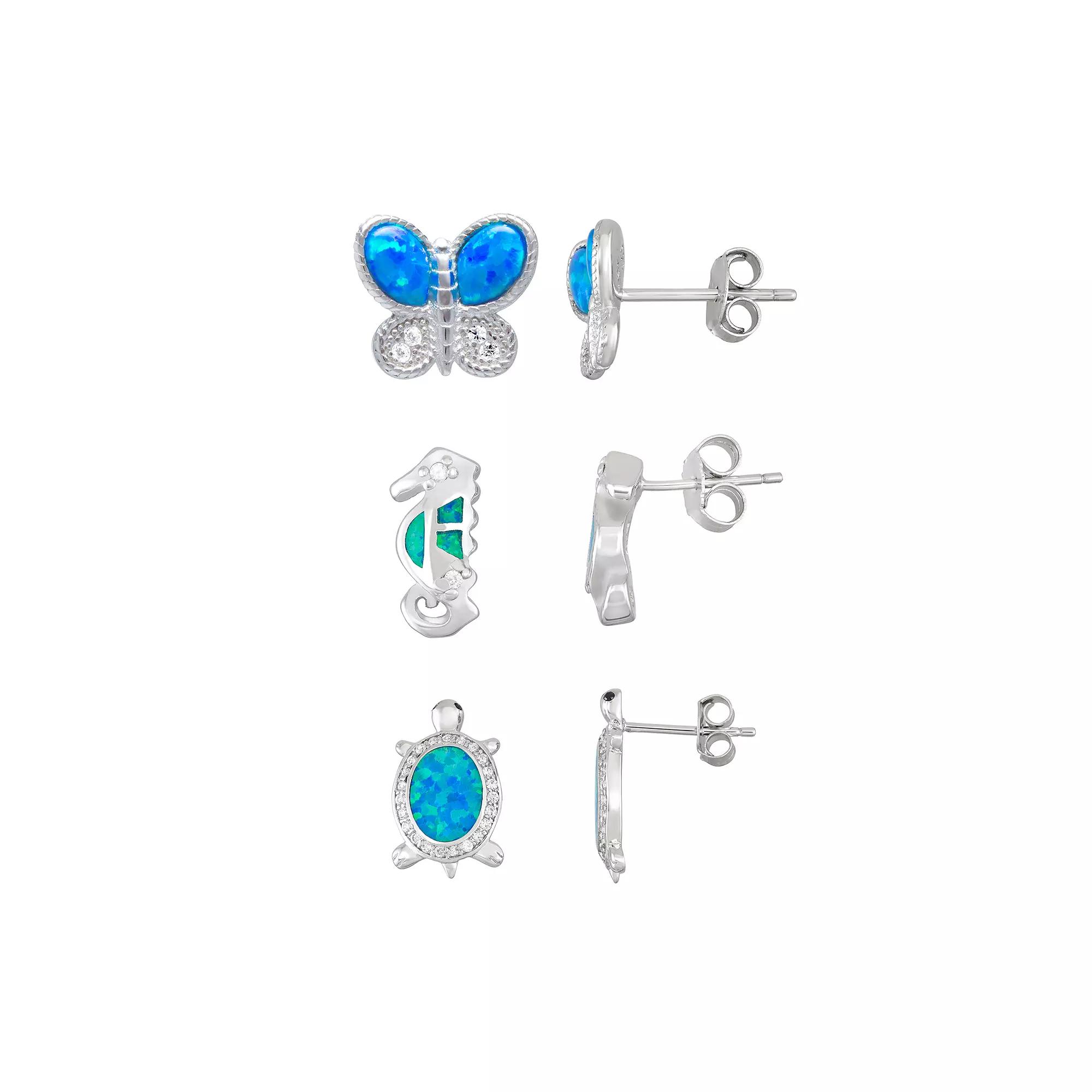 Sterling Silver Lab-Created Blue Opal & Cubic Zirconia Stud Earring Set, Women's Product Image