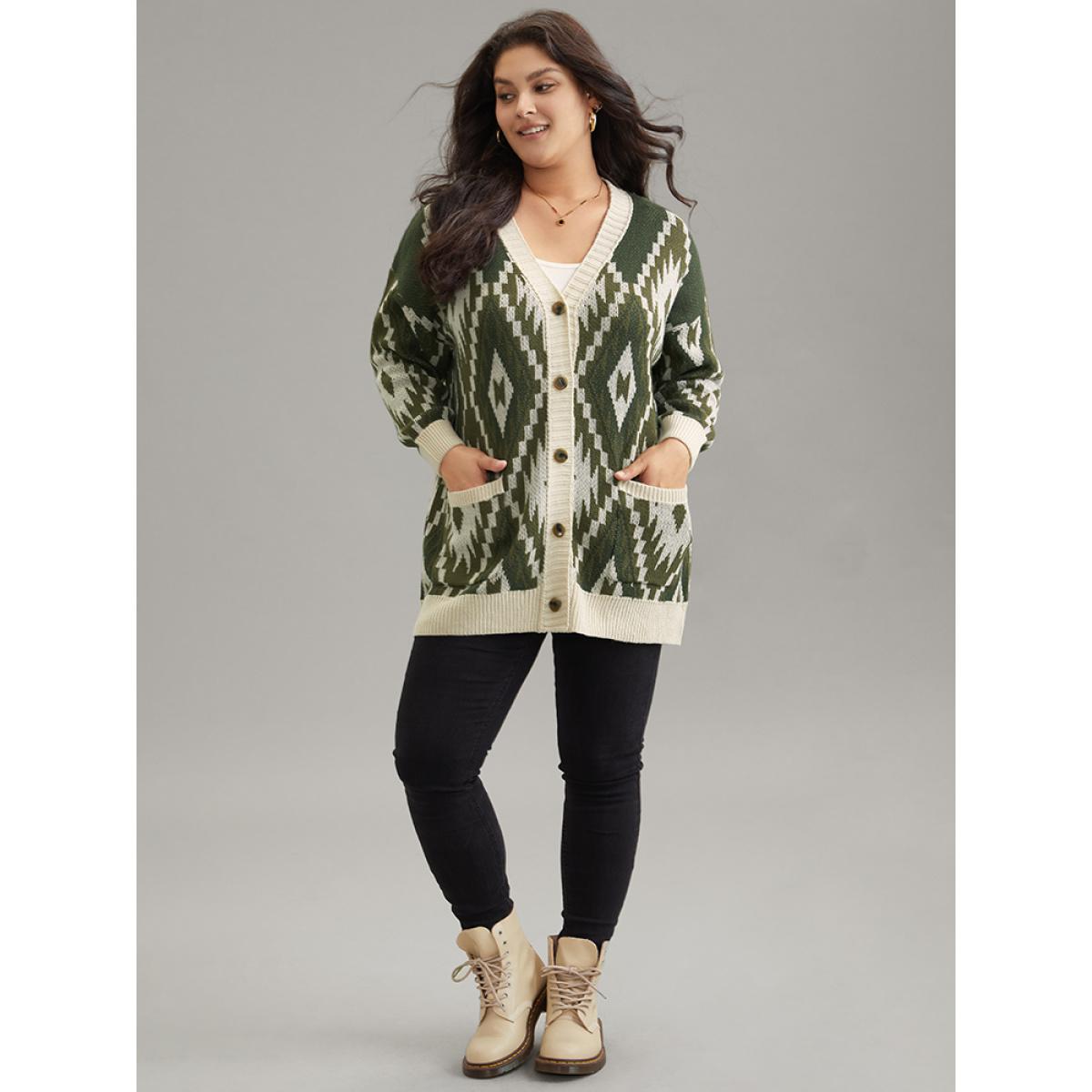 Plus Size Bandana Jacquard Button Through Patched Pocket Cardigan ArmyGreen Women Casual Loose Long Sleeve Dailywear Cardigans BloomChic 30/6X Product Image