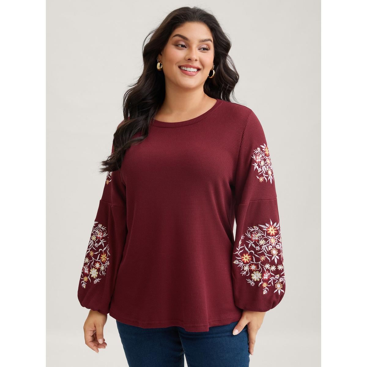 Plus Size Waffle Knit Floral Embroidered Lantern Sleeve T-shirt Burgundy Women Leisure Texture Floral Round Neck Casual T-shirts BloomChic 22-24/3X Product Image