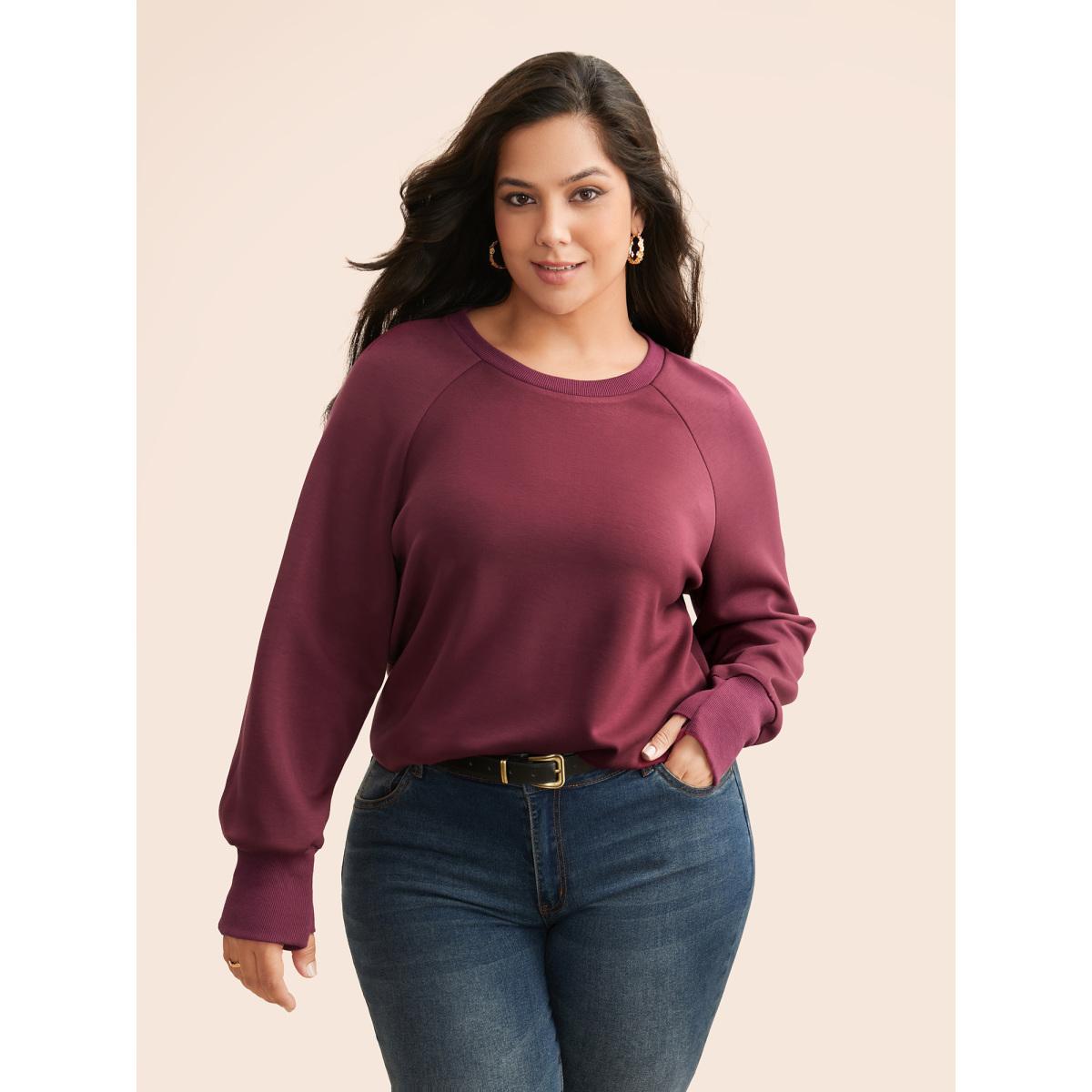Plus Size Solid Raglan Sleeve Slit Hem Sweatshirt Women Plum Casual Slit Loose Non Everyday Sweatshirts BloomChic 22-24/3X Product Image