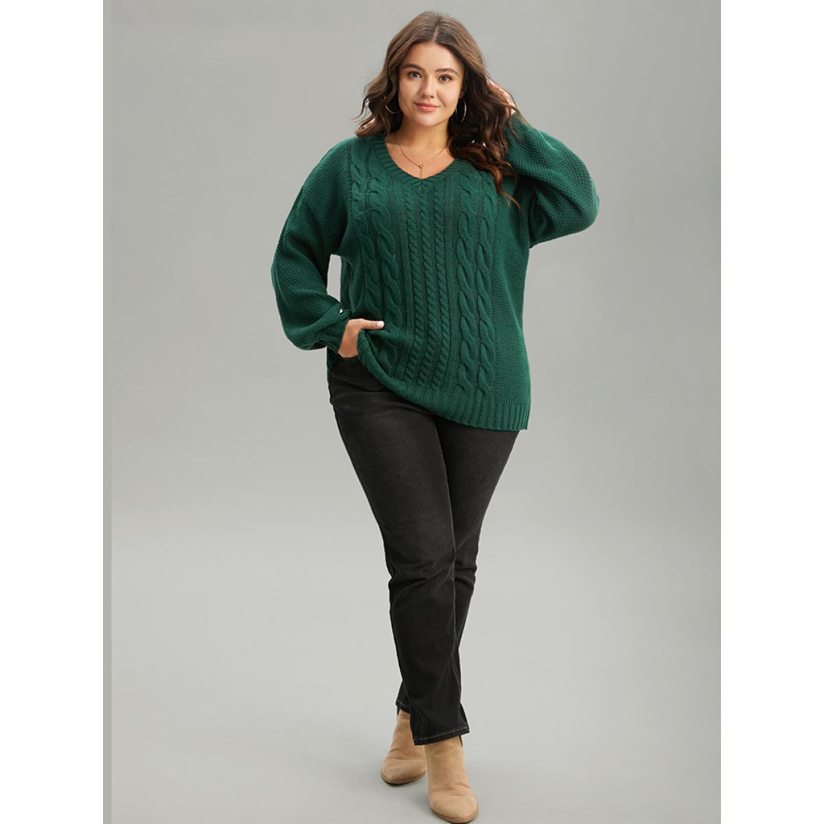 Plus Size Solid Cable Knit V Neck Elastic Cuffs Pullover DarkGreen Women Casual Loose Long Sleeve V-neck Everyday Pullovers BloomChic 22-24/3X Product Image