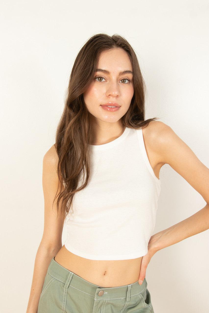 White Ribbed Crop Tank Product Image