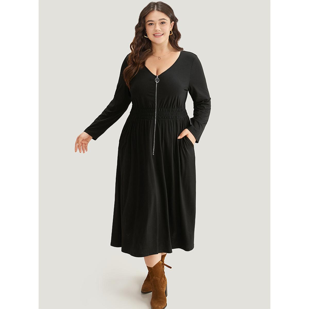 Plus Size Supersoft Essentials Solid Pocket Zipper Shirre Dress Black Women Basics Plain V-neck Long Sleeve Curvy Midi Dress BloomChic 10/M Product Image