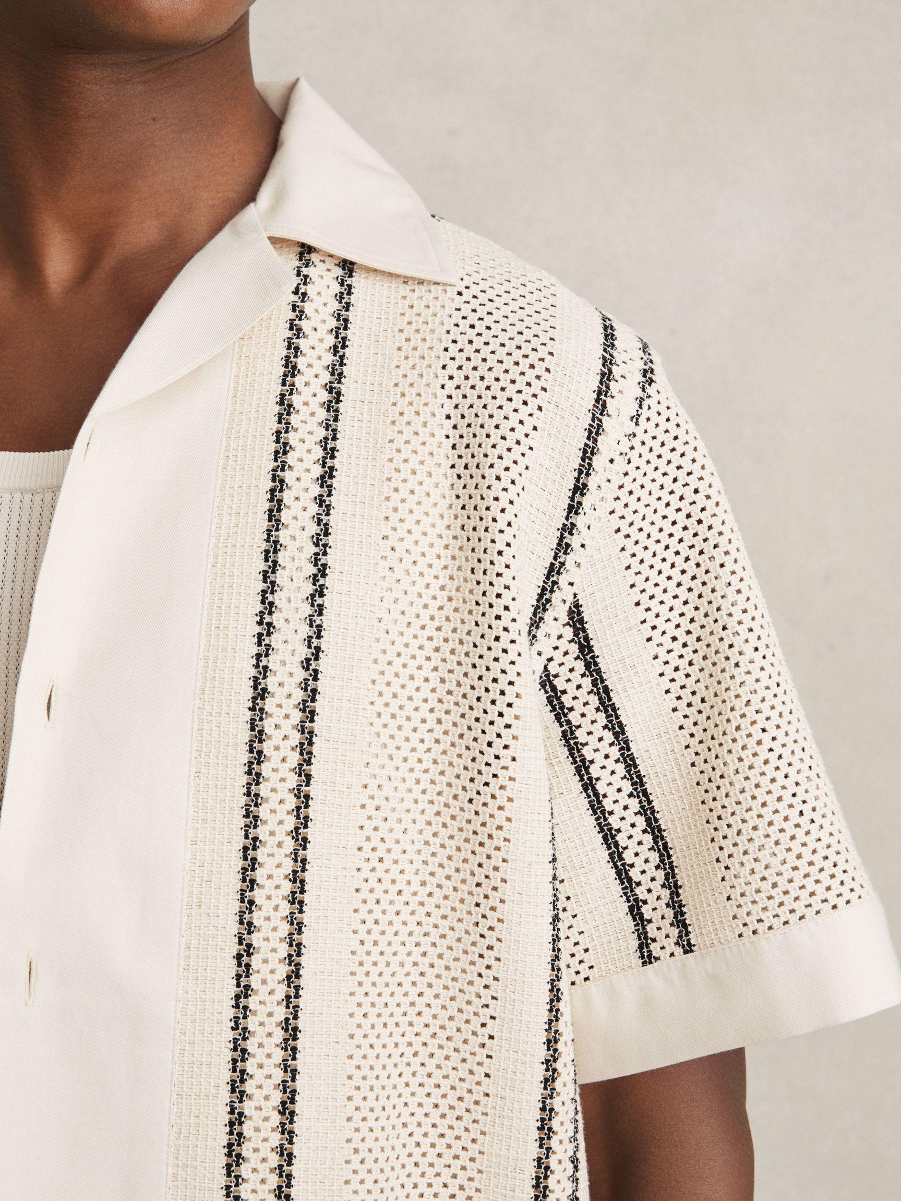 Crochet Stripe Cuban-Collar Shirt in Off White/Navy Product Image