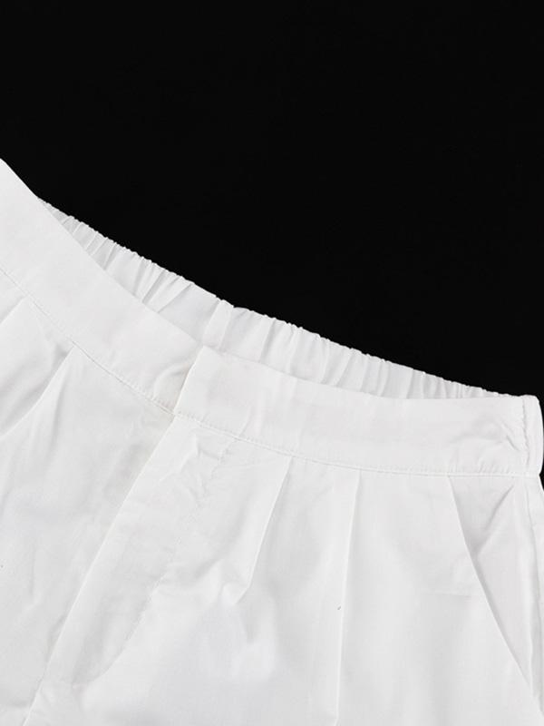 Loose Puff Sleeves Pleated Solid Color Off-The-Shoulder Blouse + Pants Trousers Elasticity Two Pieces Set Product Image