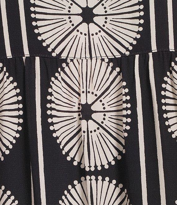 Gibson & Latimer Coordinating Fan Print Woven Split Round Dropped Short Roll Tab Sleeve Hi-Low Shirttail Blouse Product Image