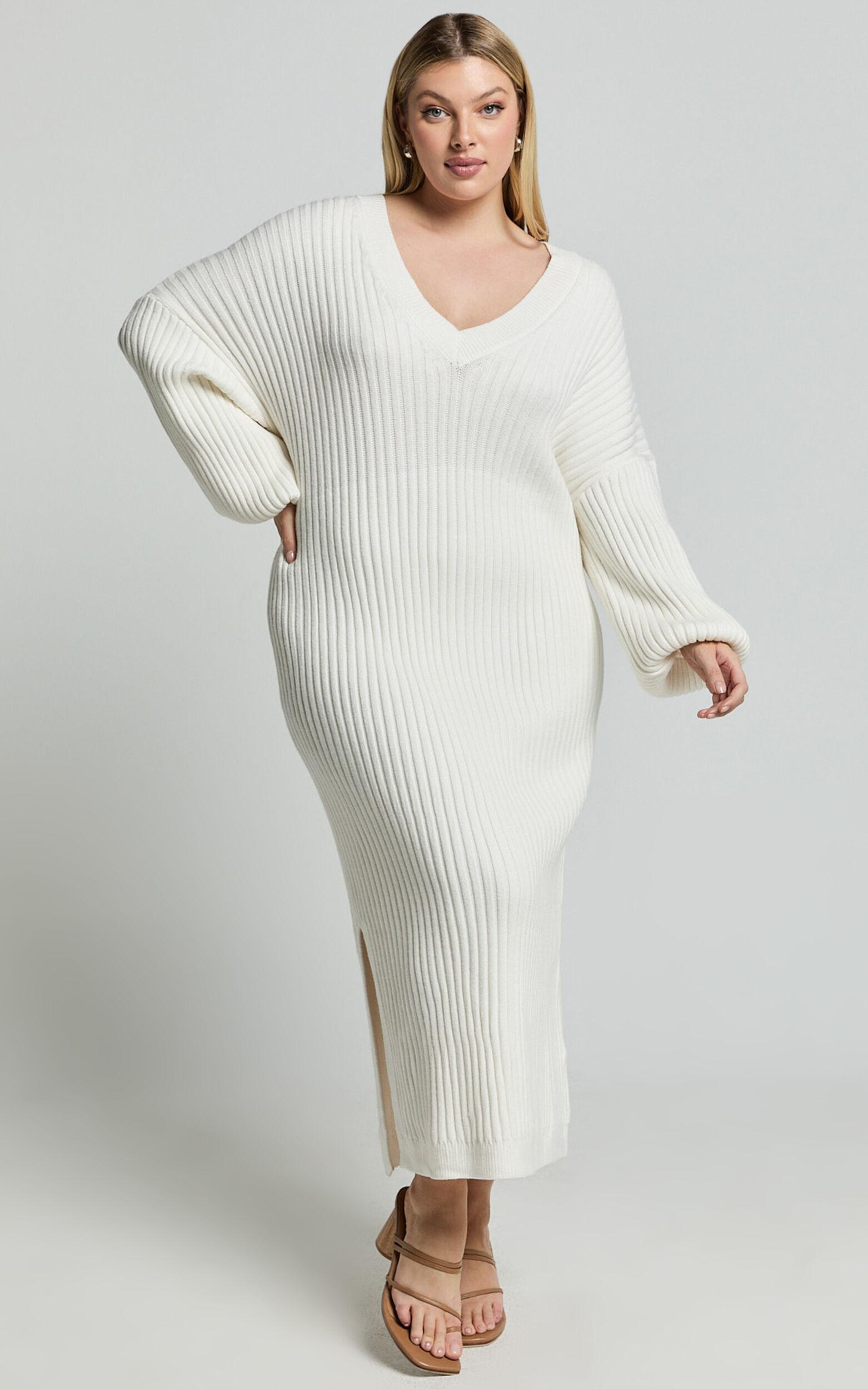Kartia Midi Dress - V Neck Knit Dress in Off White Product Image