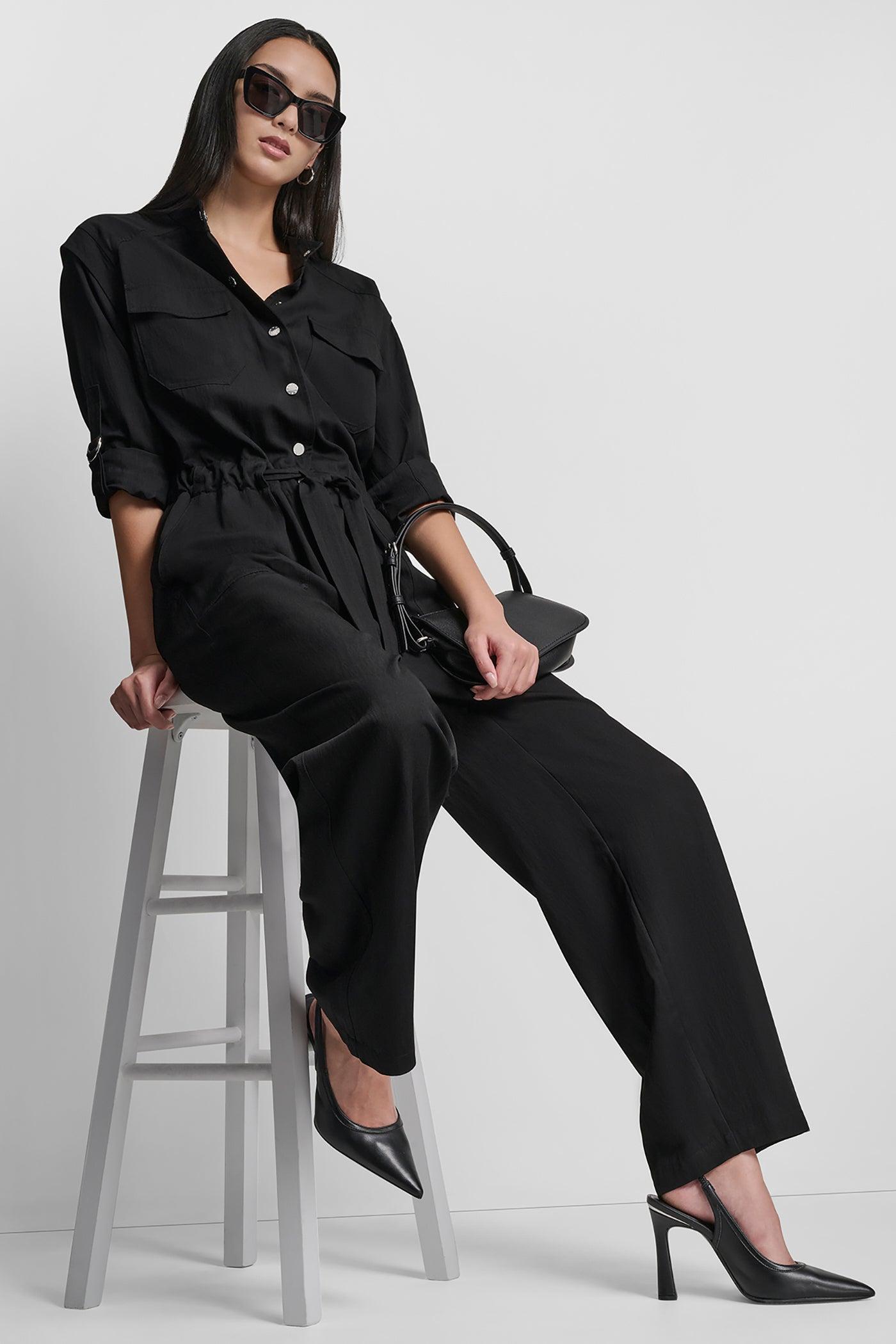 COLLARLESS BUTTON-FRONT JUMPSUIT Product Image