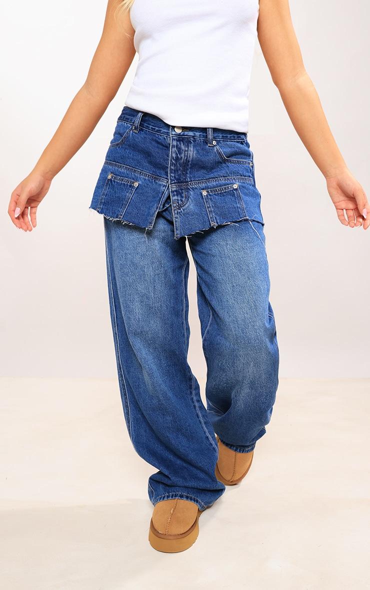 Indigo Layered Exposed Pocket Wide Leg Jeans Product Image