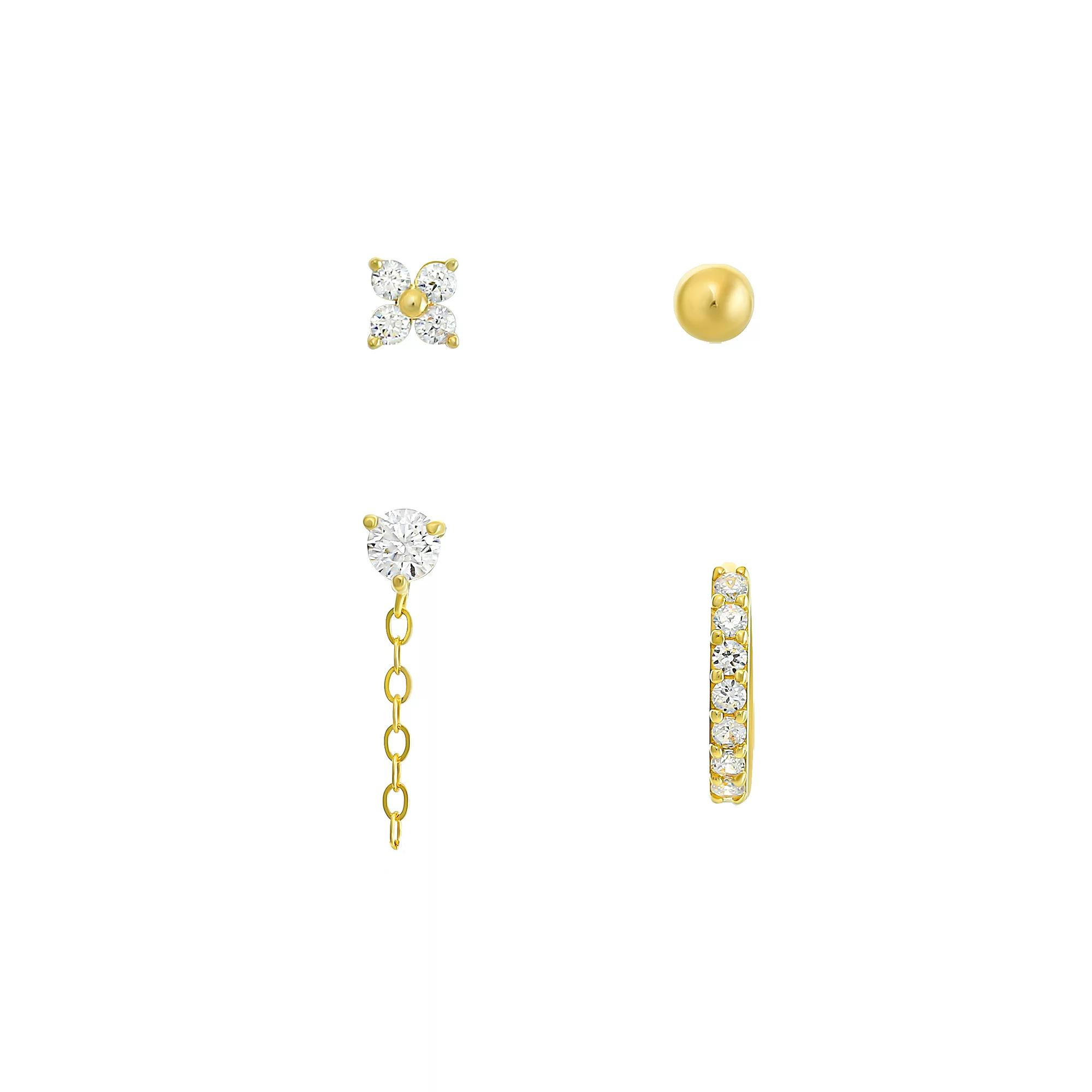 Taylor Grace 10K Gold Ball & Cubic Zirconia Huggie & Clover Earring Set, Women's Product Image