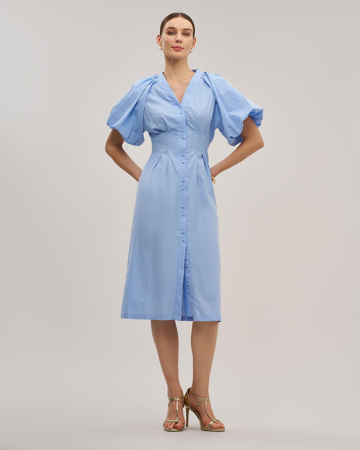 Blue Half Sleeve Button Midi Dress Product Image