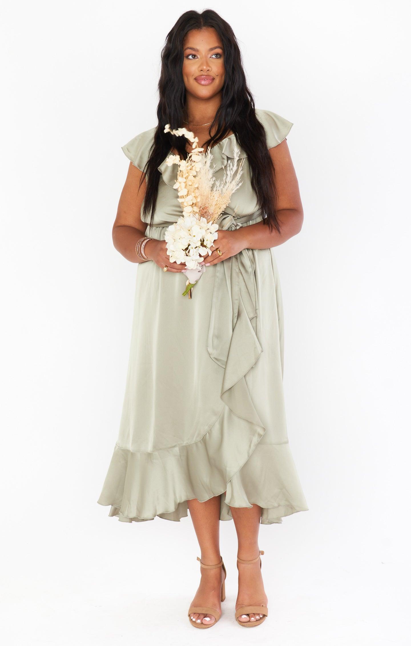 Samantha Ruffle Wrap Dress ~ Moss Green Luxe Satin Product Image