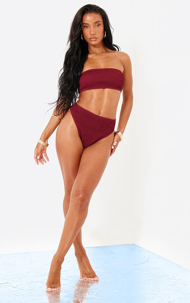 Burgundy Shirred High Waist Bikini Bottoms Product Image