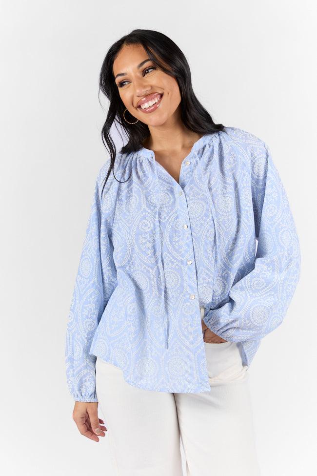 Downtown Delight Blue Embroidered Woven Button Down Blouse FINAL SALE Product Image