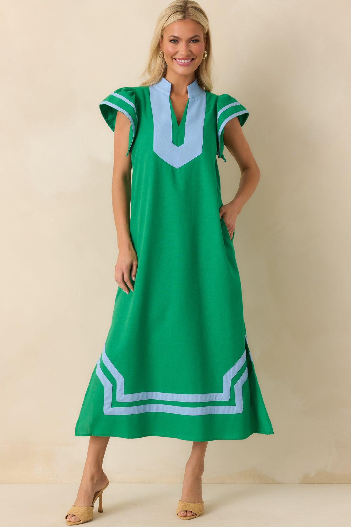 As Good As It Gets Green Linen Cotton Blend Kaftan Maxi Dress Product Image