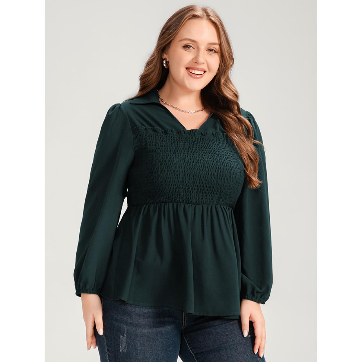 Plus Size DarkGreen Solid Lantern Sleeve Shirred Ruffles Blouse Women Office Long Sleeve Shirt collar Office Blouses BloomChic 22-24/3X Product Image