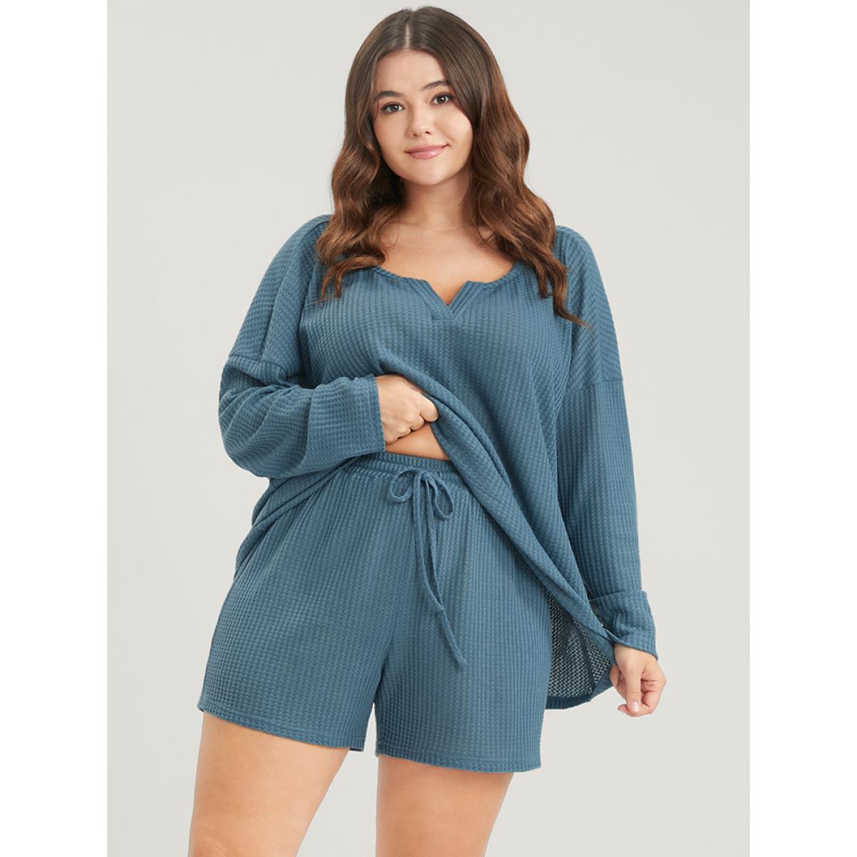 Plus Size Solid Notched Waffle Knit Pajama Set Women Cerulean Plain Plain Long Sleeve Notched collar Casual Loungewear Sets BloomChic 22-24/3X Product Image