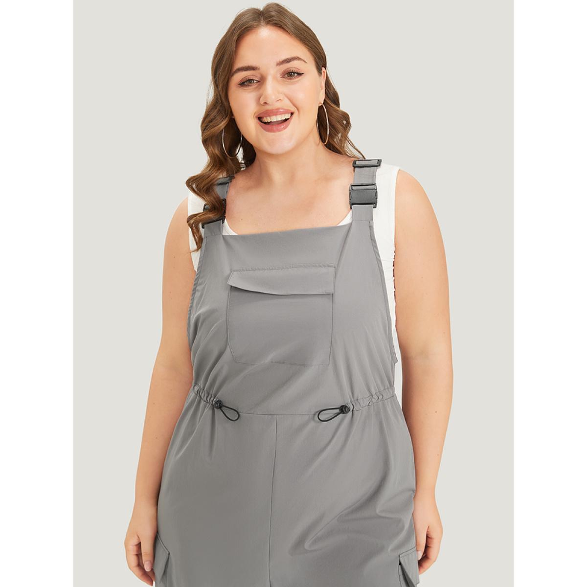Plus Size Gray Solid Flap Pocket Drawstring Side Overall Jumpsuit Women Casual Sleeveless Spaghetti Strap Dailywear Loose Jumpsuits BloomChic 26/4X Product Image