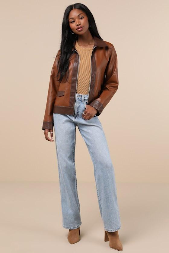 Immaculately Chic Brown Color Block Vegan Leather Moto Jacket Product Image