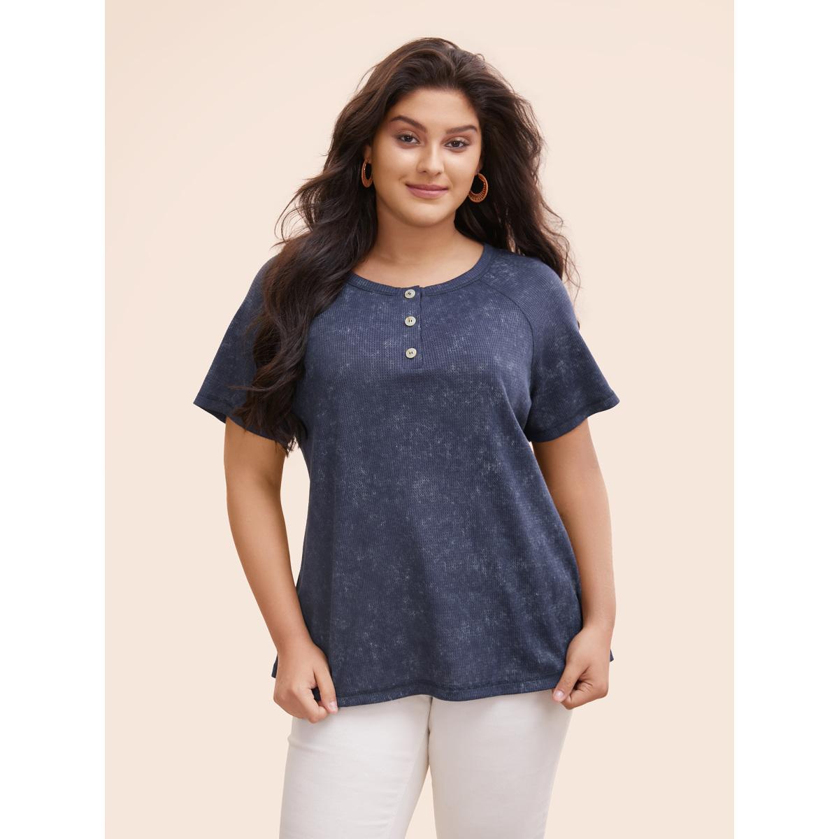 Plus Size Waffle Weathering Front Placket T-shirt Indigo Women Casual Button Round Neck Everyday T-shirts BloomChic 12/L Product Image